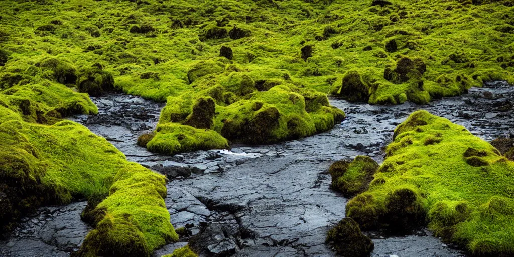 Prompt: photo of a landscape with lush forest, wallpaper, very very wide shot, iceland, new zeeland, green flush moss, national geographic, award landscape photography, professional landscape photography, waterfall, stream of water, small colorful flowers, big sharp rock, ancient forest, primordial, sunny, day time, beautiful