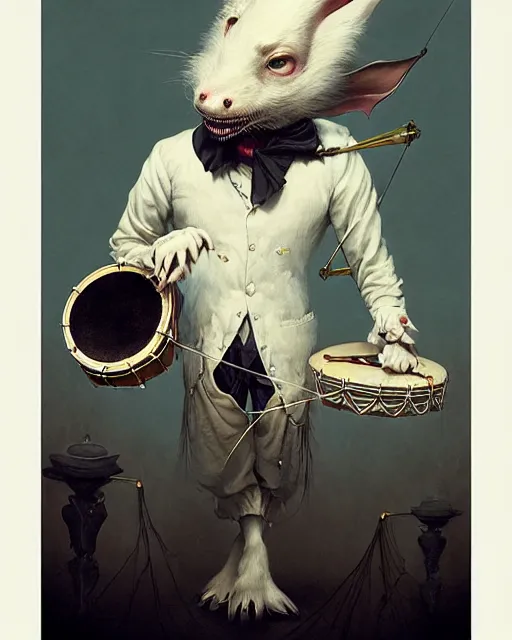 Prompt: anthropomorphic art of a anthropomorphic white bat playing the drum set, victorian clothing by artgerm, victo ngai, ryohei hase, artstation, highly detailed digital painting, smooth, global illumination, fantasy art by greg rutkowsky, karl spitzweg
