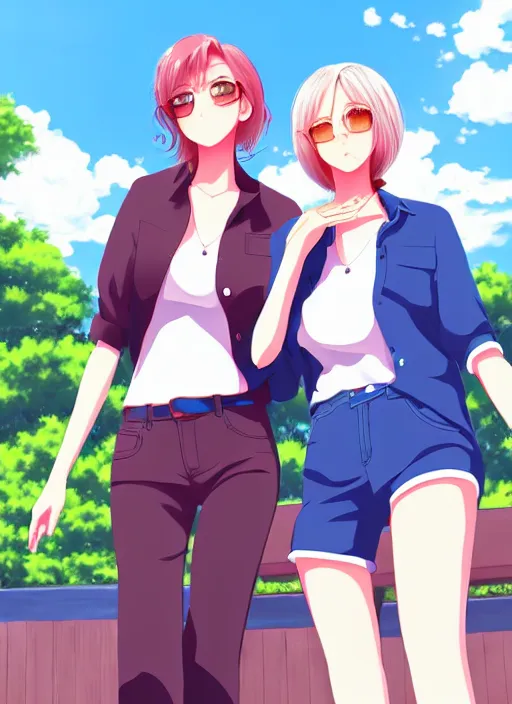 Prompt: two beautiful mature women under a blue sky, casual summer clothes, gorgeous faces, thick lines, cinematic lighting, detailed anime art