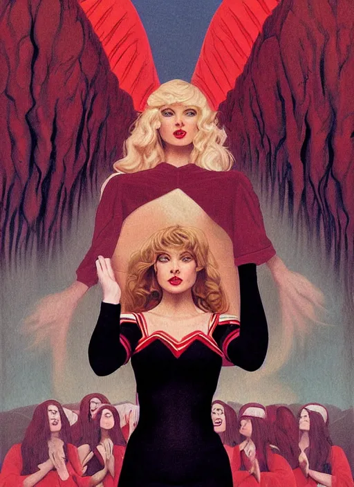 Image similar to twin peaks poster art, portrait of talyor swift cheerleader in sacrifice ritual at the black lodge, by michael whelan, rossetti bouguereau, artgerm, retro, nostalgic, old fashioned