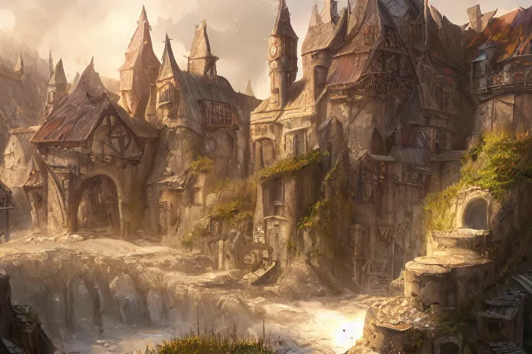 Image similar to A beautiful medieval settlement, iron ,iron, iron, fantasy, D&D, concept art, sharp focus, trending on artstation, digital painting, midday, sunny, beautiful