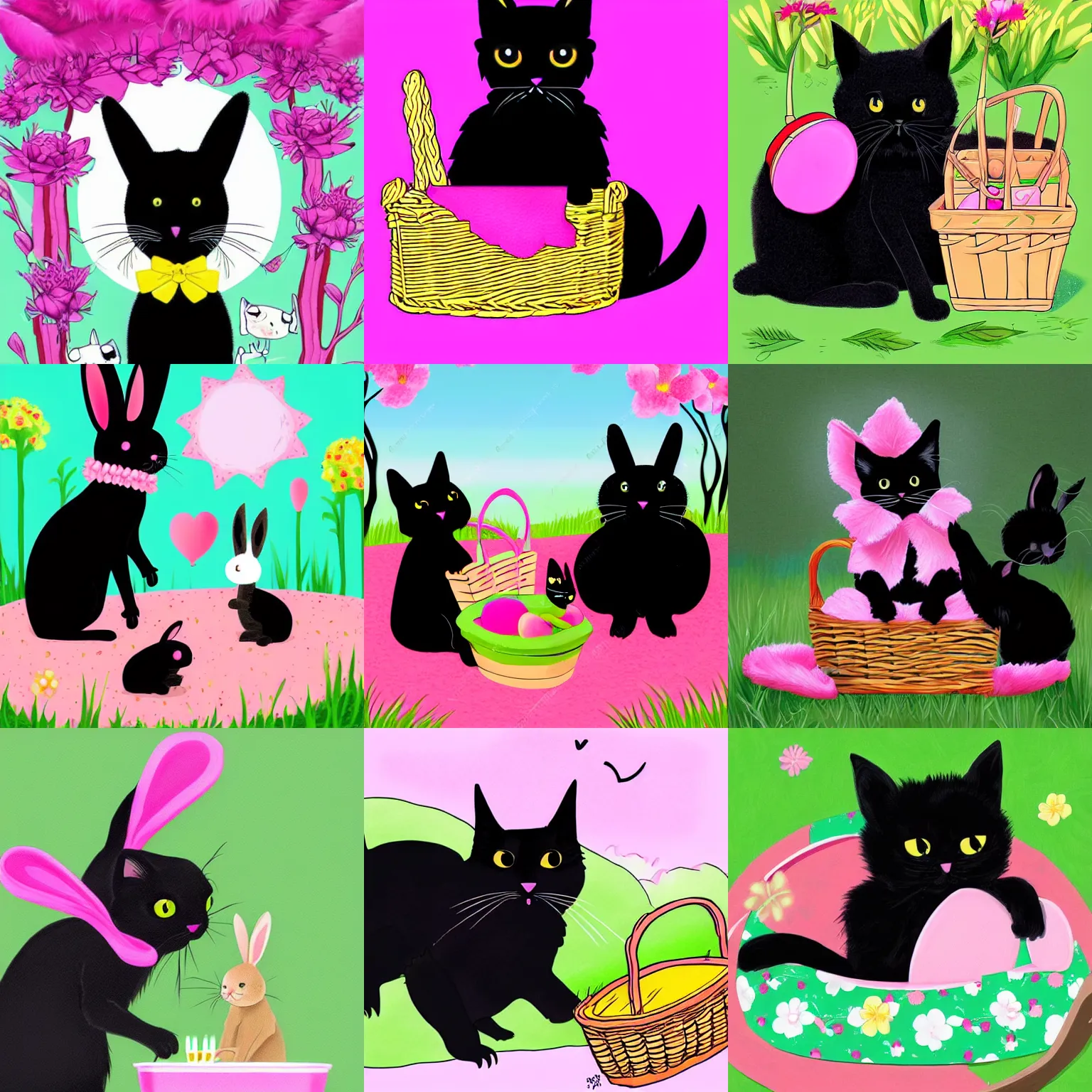 Prompt: A black cat having a picnic with (a rabbit with pink fur). Digital art. Cute.