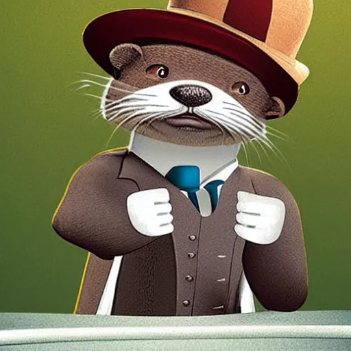 Prompt: anthropomorphic otter wearing a hat and a suit