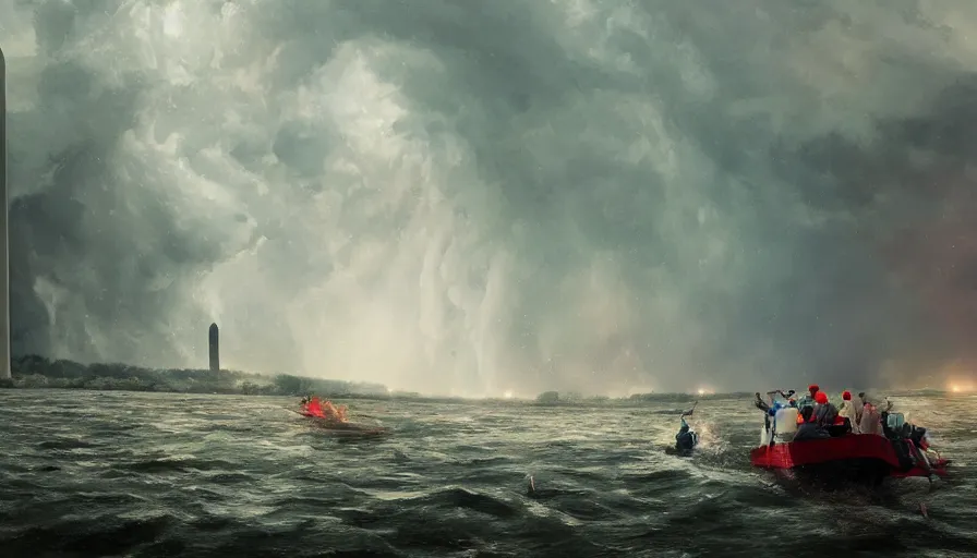 Image similar to people on a boat on potomac river looking giant tornado destroying washington dc, hyperdetailed, artstation, cgsociety, 8 k