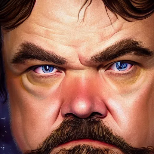 Prompt: beautiful close up still portrait of jack black, highly detailed, realistic, volumetric lighting, 8 k, art, detailed, digital painting, beautiful lighting, vivid colors, intricate, elegant, smooth, sharp focus