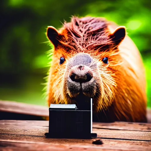 Image similar to cute capybara eating a nvidia gpu with cooling fans, chewing on a graphic card, wildlife photography, bokeh, sharp focus, 3 5 mm, taken by sony a 7 r, 4 k, award winning