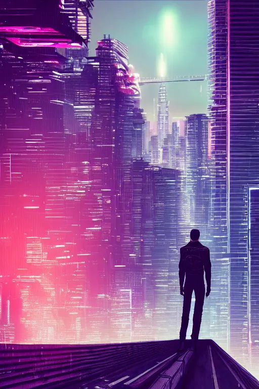 Image similar to a man standing on top of a bridge over a city, cyberpunk art by vincent lefevre, behance contest winner, altermodern, cityscape, synthwave, matte painting