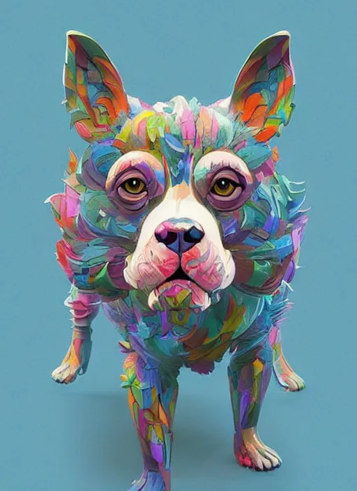 Image similar to colourful caricature - 3 d vfx art - of a dog, art style by james jean & hsiao - ron cheng, character concept art, unreal engine render, digital illustration, sharp, intricate detail, volumetric light, ray tracing, soft light, symmetric, pinterest, artstation, behance,