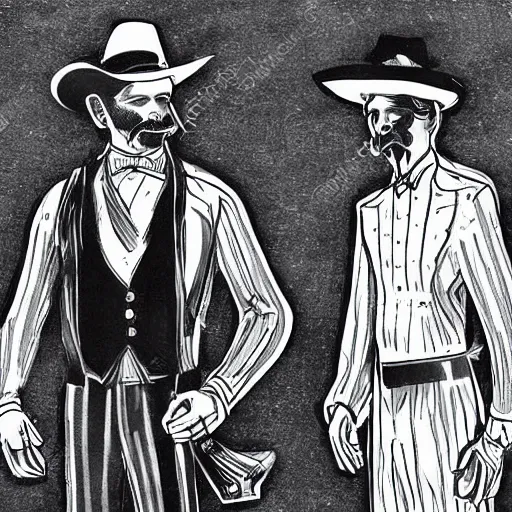 Prompt: hand drawn image of wyatt earp and doc holliday standing on the deck of a futuristic spacecraft, high detail, ultra realistic