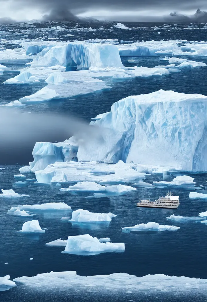 Image similar to ship being persecuted by a police ship over raging turbulent waters in antartica, icebergs in the background, hyper realistic, highly detailed, digital art, apocalyptic, intimidating lighting, raytracing, sharp focus, smooth, romanticism