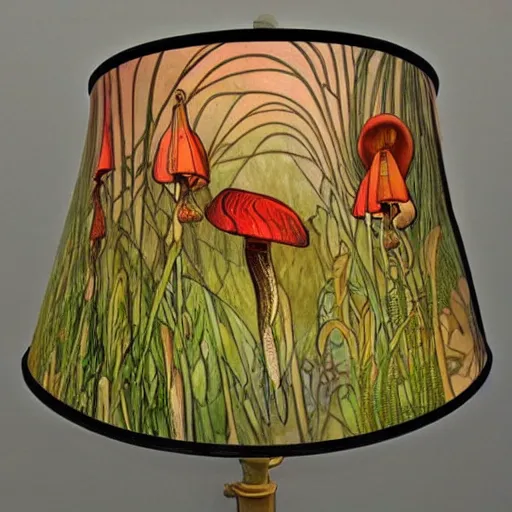 Image similar to beautiful victorian art nouveau mushroom shaped lampshade, river reeds duckweeds close up abstract mallard feathers, mucha tiffany kilian eng