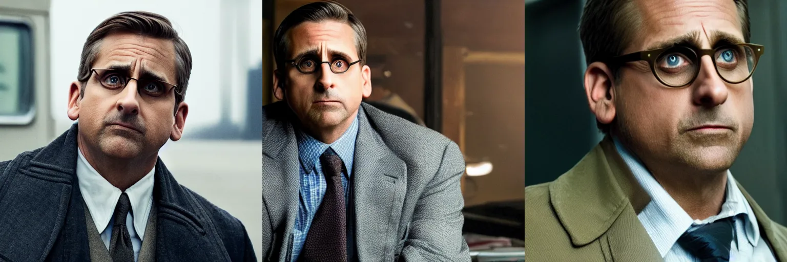 Prompt: close-up of Steve Carell as a detective in a movie directed by Christopher Nolan, movie still frame, promotional image, imax 70 mm footage