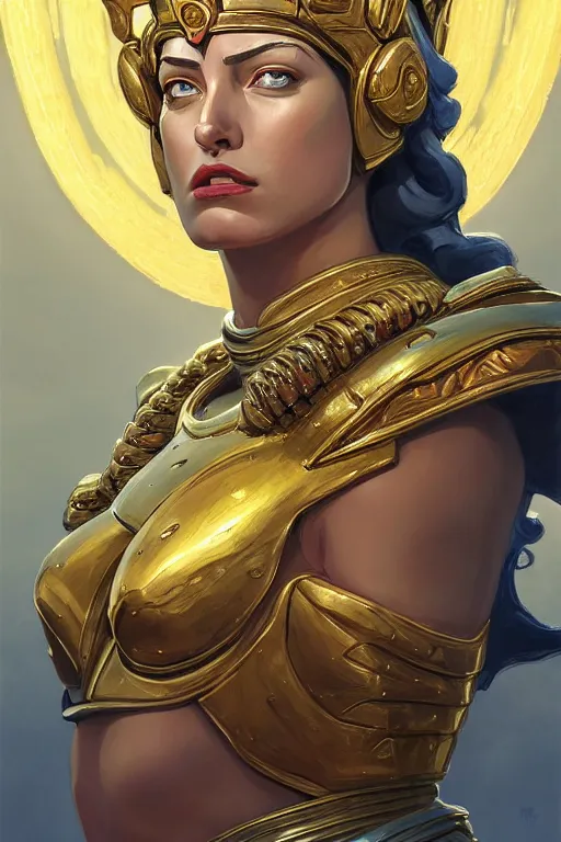 Image similar to The Godess Hera looking angry, detailed armor, portrait radiating a glowing aura, highly detailed, digital painting, artstation, concept art, smooth, sharp focus, beautiful face, symmetric face, enchanted, official fanart, behance, HD, artstation, blue and yellow theme, by Jesper Ejsing and RHADS and Makoto Shinkai and Lois van baarle and Ilya Kuvshinov and Ross Tran