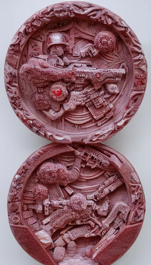 Image similar to the war multiverse, highly detailed carving on southern ice porcelain, partially red crystallized, guns, red nebulas, art gallery