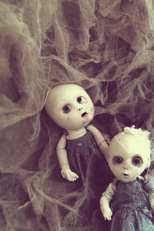 Image similar to dirty cracked screaming vintage doll maggots in eyes sitting in darkly lit dusty basement cobwebs old photo