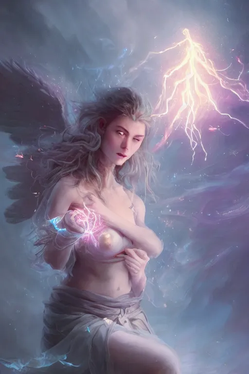 Image similar to beautiful girl necromancer, witch, storm clouds, thunder in hands, casting magic spell, angel, 3 d render, hyper realistic detailed portrait, holding electricity and flowers, ruan jia, wlop. scifi, fantasy, magic the gathering, hyper detailed, octane render, concept art, peter mohrbacher