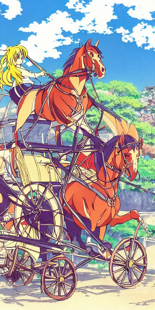 Image similar to a chariot drawn by horse in japan, 1990s anime, full color,