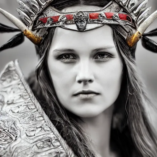 Prompt: beautiful Viking princess with ornate cloak, highly detailed, 4k, HDR, smooth, sharp focus, photo-realistic, high resolution, award-winning, macro 20mm, headshot