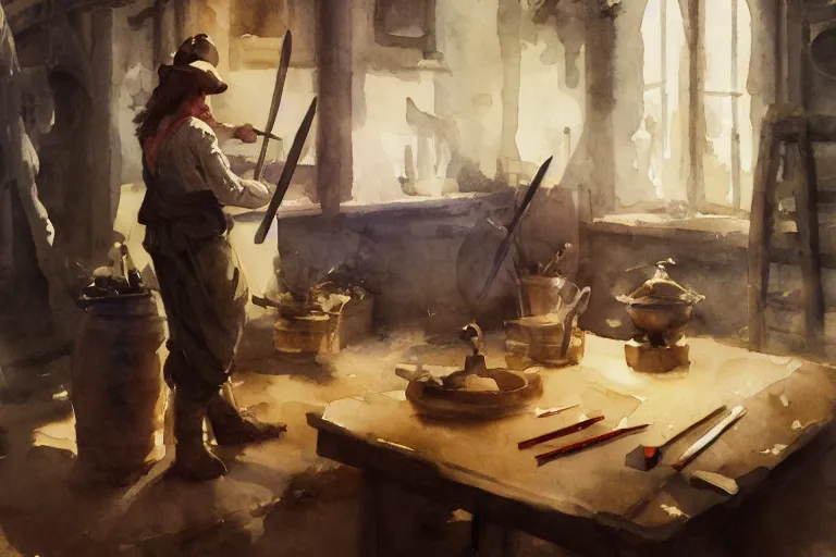 Image similar to centered on watercolor paper, paint brush strokes, smudged abstract watercolor painting of medieval blacksmith with apron, anvil, hammer, glow, cinematic light, national romanticism by hans dahl, by jesper ejsing, by anders zorn, by greg rutkowski, by greg manchess, by tyler edlin