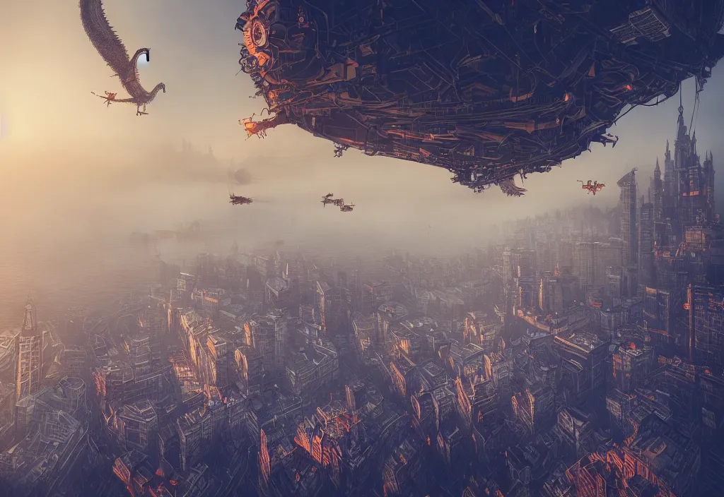 Prompt: flying dragon city by alena aenami, zeppelin dock, city flying in the air, mist below buildings, steampunk, looking from below, thick fog, digital art, 4 k, trending on artstation, epic composition, highly detailed, golden hour
