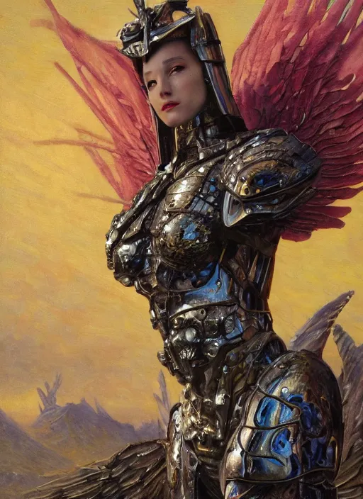 Prompt: a biblical diabolical beautiful female valkyree android, shiny plastic armor, fly, dynamic pose, splashing, heavy eyes to the side, closeup, bright glowing veins, in clouds, rain, sunset, portrait, by gerald brom, by mikhail vrubel, by peter elson, muted colors, extreme detail, reflections, trending on artstation, 8 k