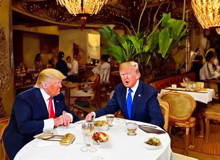Image similar to Trump and Biden having dinner at a fancy Balinese restaurant, award winning cinematic photography, 50 mm, blurred background, trending on twitter