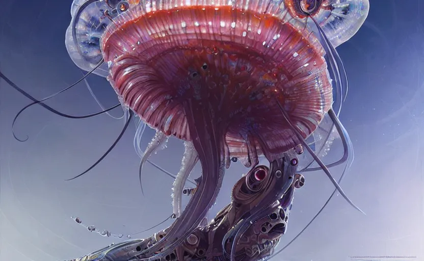 Prompt: Cyborg biomechanical jellyfish, sci-fi, highly detailed, digital painting, artstation, concept art, smooth, sharp focus, illustration, art by artgerm and greg rutkowski and alphonse mucha