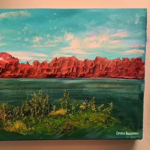 Image similar to rough acrylic painting of a lush natural scene on an alien planet by darien bogart. beautiful landscape. weird vegetation. cliffs and water.