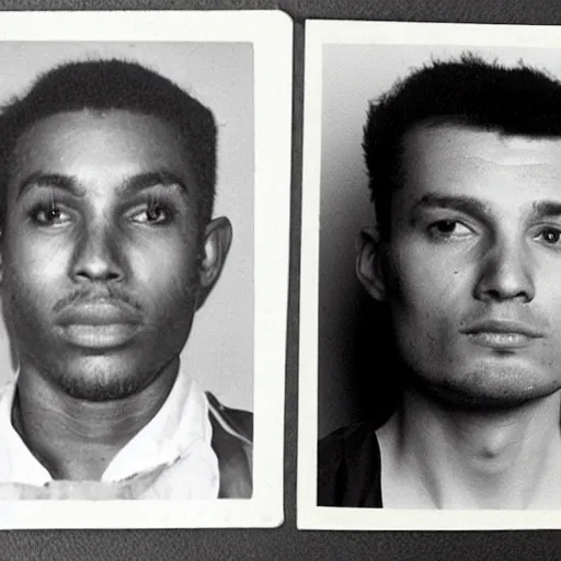 Prompt: a mugshot of a man aged 24 and then that same man at age 54