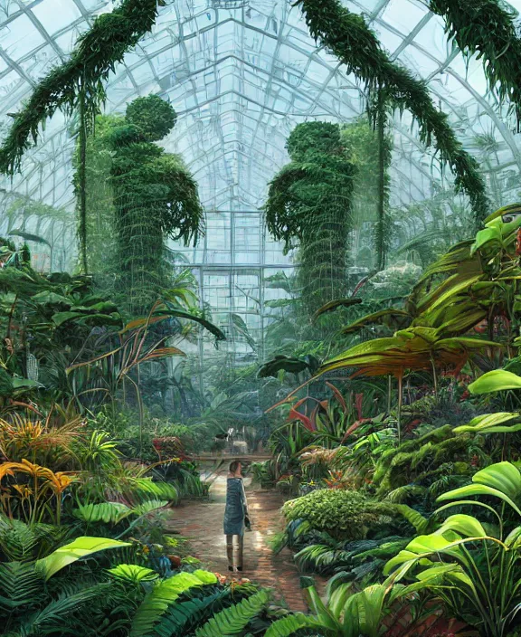 Image similar to an enormous conservatory greenhouse, overgrown with exotic fungus, overgrown with huge ferns, noon, sun drenched, partly cloudy, by dan mumford, yusuke murata, makoto shinkai, ross tran, cinematic, unreal engine, cel shaded, featured on artstation, pixiv