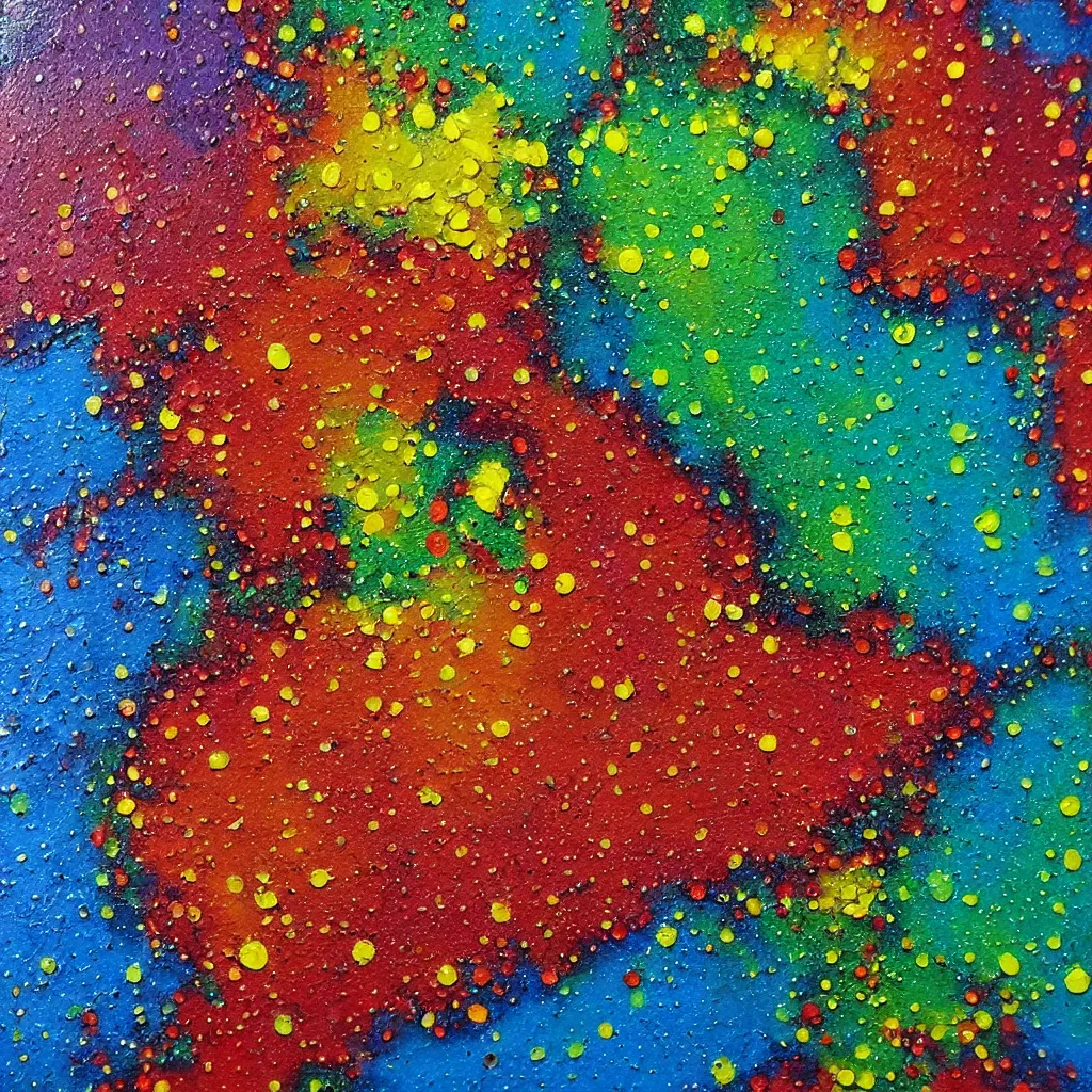 Prompt: large different coloured dots painted in 2 inch thick!!! impasto shiny dripping oil paint