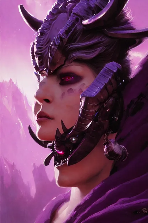 Prompt: extreme close up, facial portrait, woman with a long black ponytail in purple sci - fi armor, wearing a kitsune mask, shoulder pad is a glowing oni mask, striking pose, portrait dnd, painting by gaston bussiere, craig mullins, greg rutkowski, yoji shinkawa