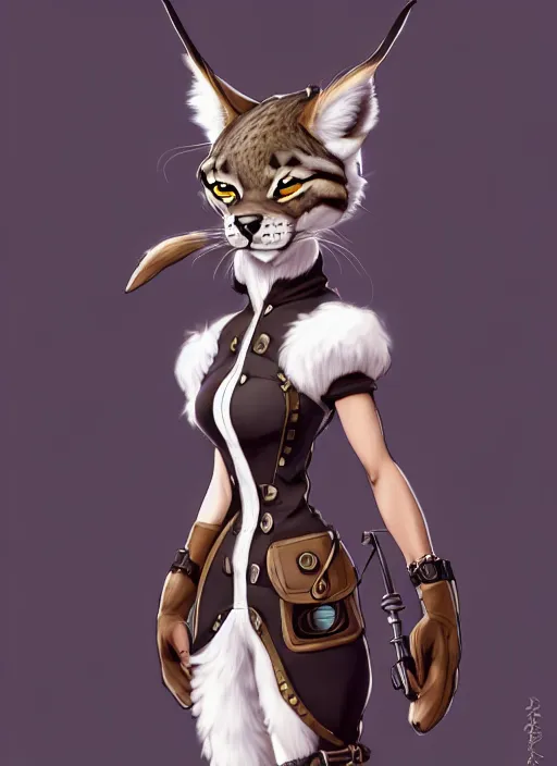 Image similar to wide angle beautiful full body portrait of a strong female anthropomorphic anthro lynx fursona wearing a steampunk dress. from behind, character design by disney, anime, manga, charlie bowater, ross tran, artgerm, and makoto shinkai, detailed, soft lighting, rendered in octane, white fur
