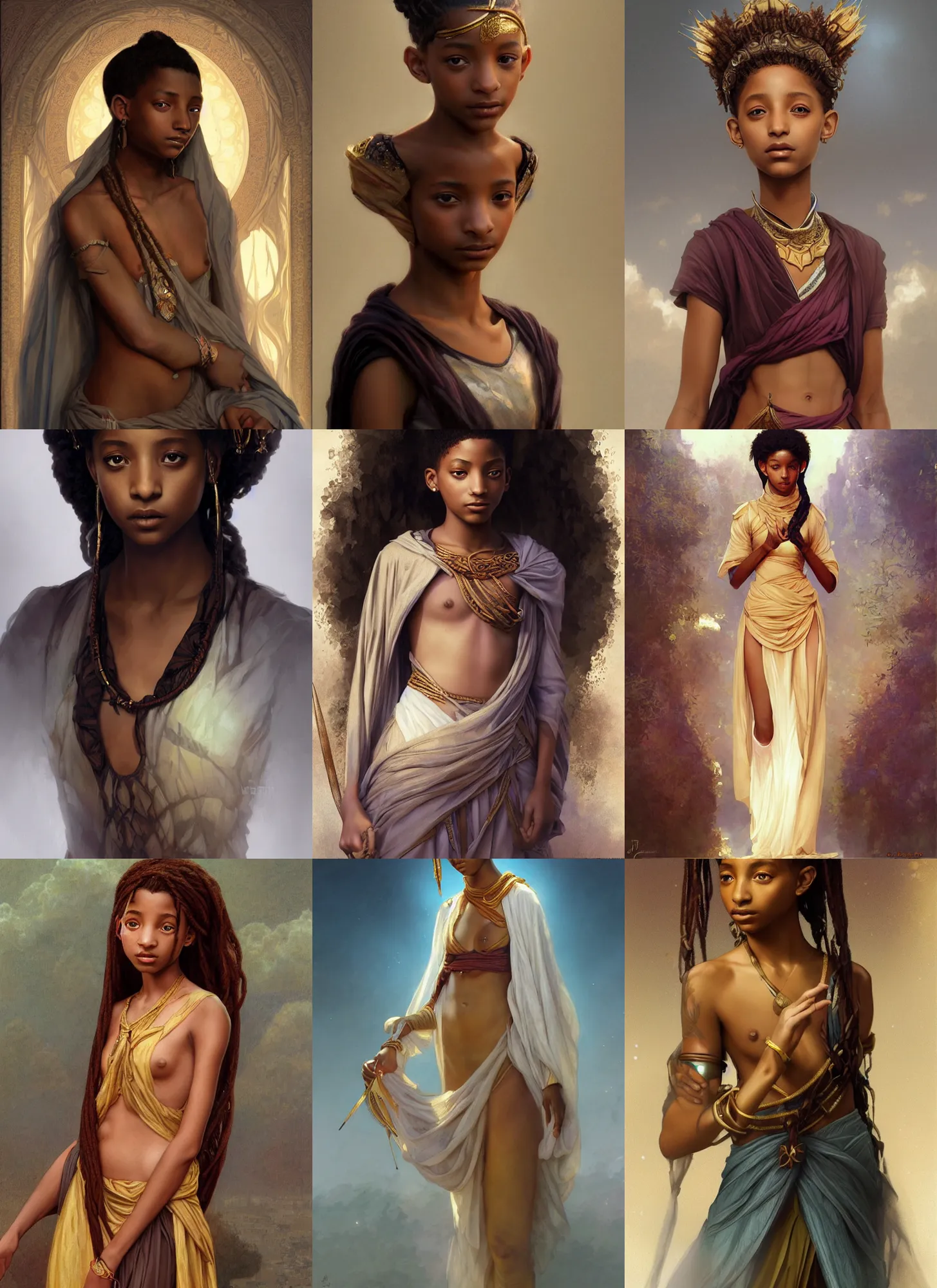 Prompt: willow smith young libyan princess, highly detailed, digital painting, artstation, concept art, sharp focus, illustration, orientalisme, bouguereau, artgerm, rutkowski, mucha