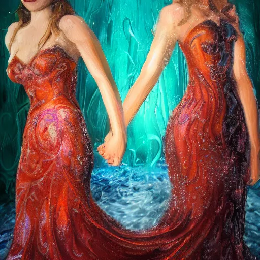 Prompt: an oil painting of two women under water holding hands, photo realistic, intricate details, flowing dresses and hair, volumetric lighting, Jennifer packer style