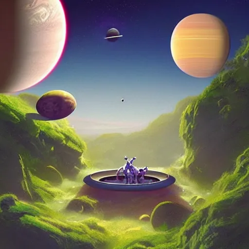 Image similar to Astronauts are having a picnic with green aliens and some dinosaurs on saturn's ring and saturn is as background, by Jordan Grimmer digital art, trending on Artstation,