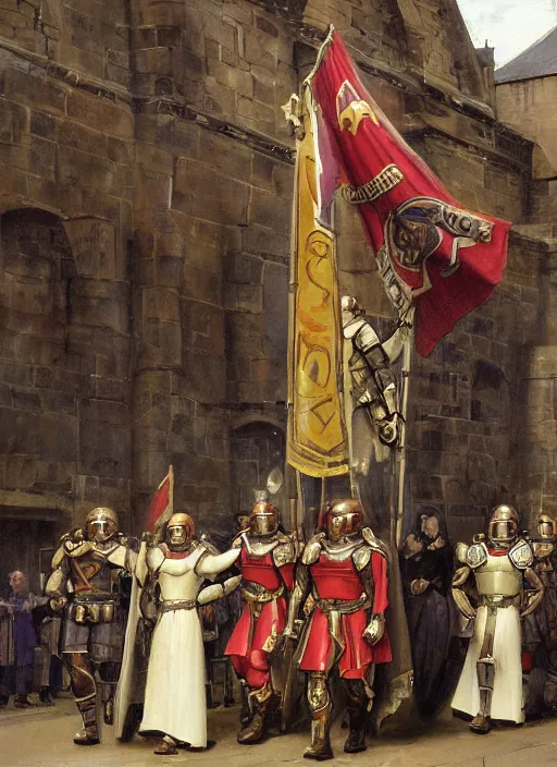 Prompt: halo master chief in a medieval royal procession by wlop and kev walker and edmund blair leighton and daniel f. gerhartz