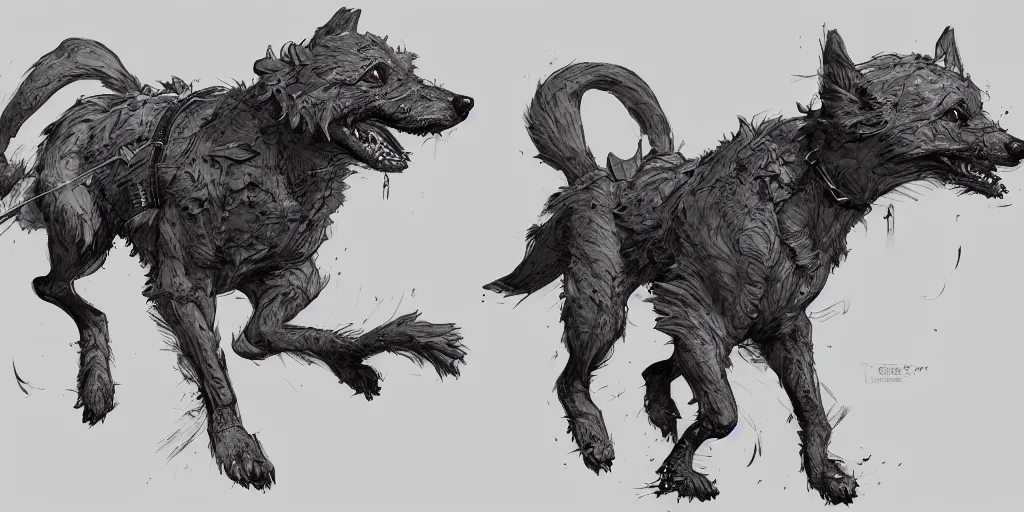 Image similar to cartoonish dog running, character sheet, fine details, concept design, contrast, kim jung gi, greg rutkowski, trending on artstation, 8 k, full body, turnaround, front view, back view, ultra wide angle