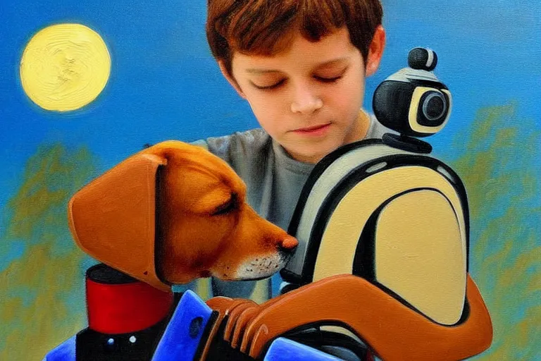 Image similar to a detailed painting of a ( ( ( ( ( boy and his robot dog ) ) ) ) ) by maurice sednak!!!!!!!!!!!!!!