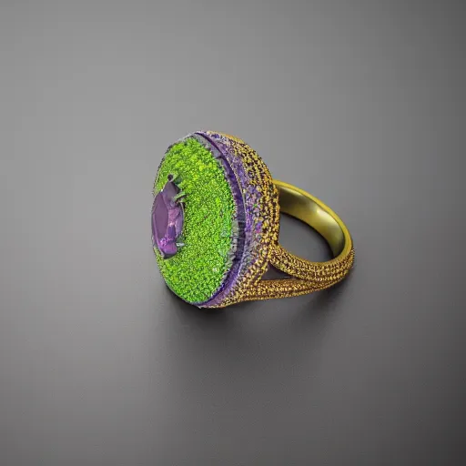 Image similar to mystical gold and diamond thin curly female ring with fine purple and green details, ultra detailed, centered, octane render, elegant, caustics