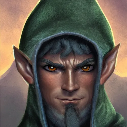 Image similar to Character portrait, face close up: Elf Male Monk/Ranger. Shadow and Gloom. In the style of Ralph Horsley