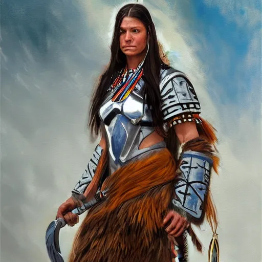 Image similar to painting of a shamanic warrior woman with blue eyes, native american, brown hair, and silver armor by jon foster, trending on artstation