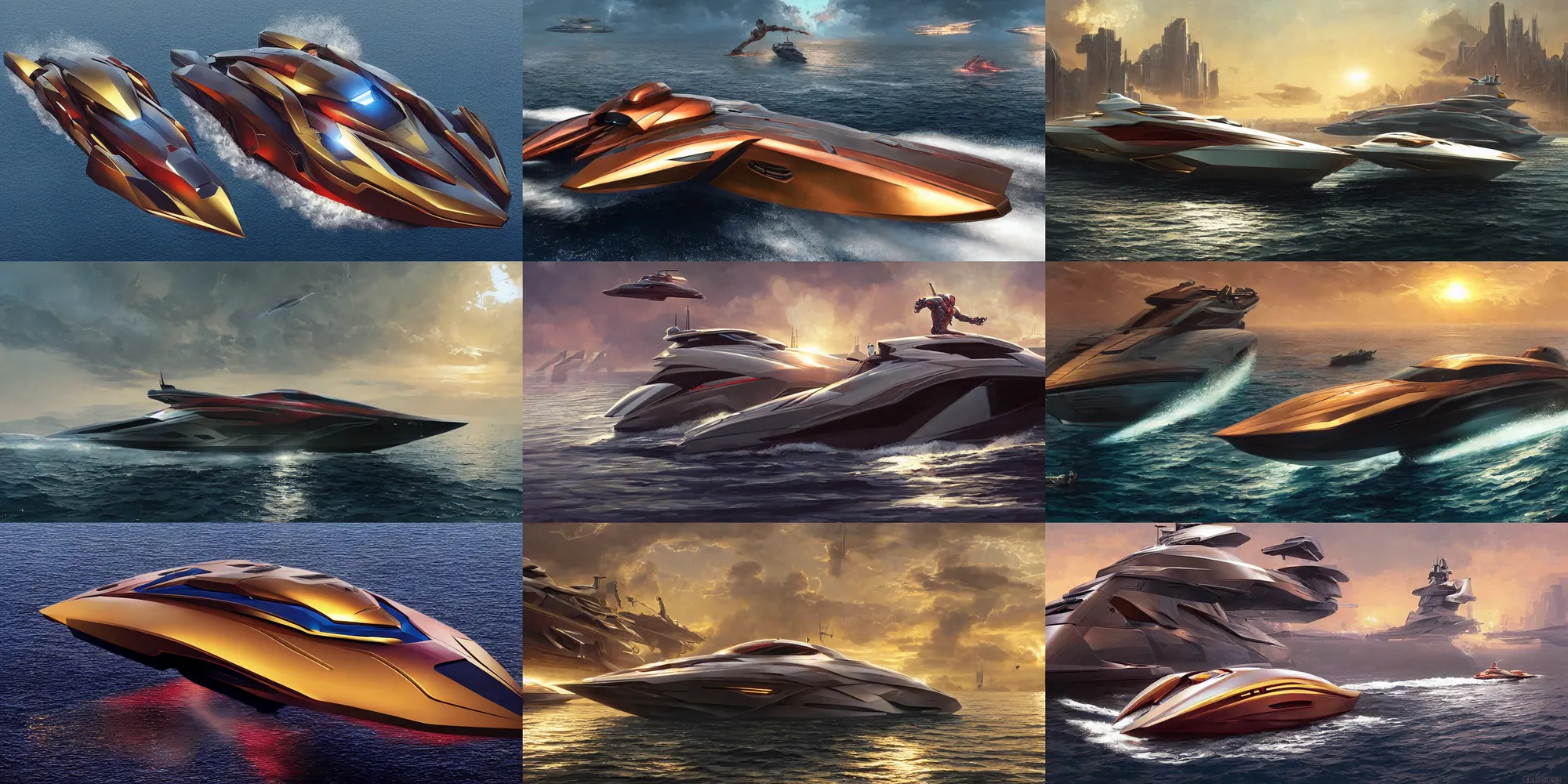 Image similar to an iron man concept yacht, cyberpunk speedboat, hex tile armor, ultra realistic, sci-fi, fantasy, smooth, intricate, highly detailed, golden hour, epic lighting, concept art, sharp focus, artstation, CGSociety, art by greg rutkowski, and syd mead