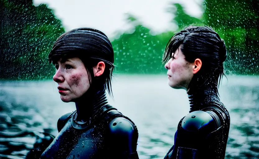 Image similar to cinestill 5 0 d candid action photographic portrait by helen levitt of two loving female androids wearing rugged black mesh techwear in treacherous waters, extreme closeup, modern cyberpunk retrofuturism moody emotional cinematic, pouring iridescent rain, 8 k, hd, high resolution, 3 5 mm, f / 3 2, motion blur, ultra realistic faces, ex machina