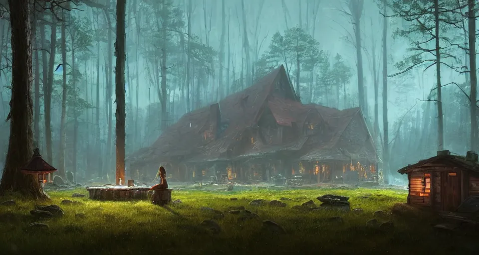 Image similar to A quiet tavern in the middle of a forgotten magical forest, large trees, mushrooms, atmospheric, rendered by simon stålenhag, rendered by Beeple, Makoto Shinkai, syd meade, environment concept, digital art, starwars, Gundam Style, unreal engine, 3 point perspective, WLOP, trending on artstation, low level, 4K UHD image, octane render,