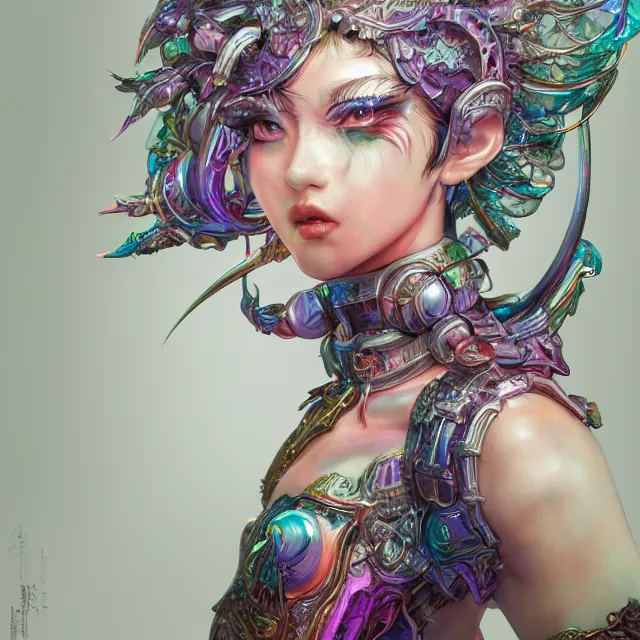 Image similar to studio portrait of colorful female divine mech dancer as absurdly beautiful, elegant, young sensual gravure idol, ultrafine hyperrealistic detailed face illustration by kim jung gi, irakli nadar, intricate linework, sharp focus, bright colors, matte, octopath traveler, final fantasy, unreal engine highly rendered, global illumination, radiant light, intricate environment