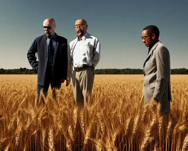 Image similar to extreme long shot of walter white and gustavo fring standing facing each other from a distance in a wheat field, low angle, side view, perfect angle, 8 5 mm photograph, 8 k resolution, wide shot, sharp lens, high detail, cinematic