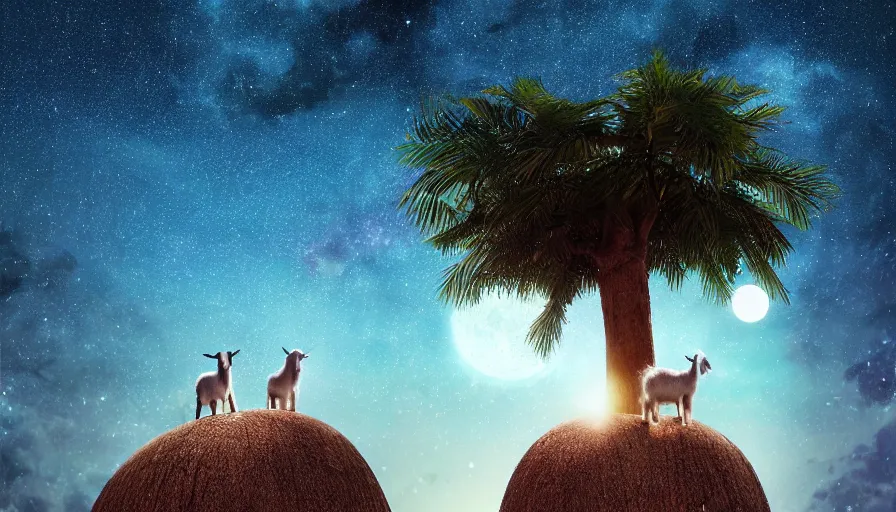 Image similar to very very small goat, sitting on a gigantic coconut tree in moonlit socotra island by ilya kuvshinov, starry night, rtx rendering, octane render 1 2 8 k, maya, extreme high intricate details by tom bagshaw, medium shot, close up shot, composition by sana takeda, lighting by greg rutkowski