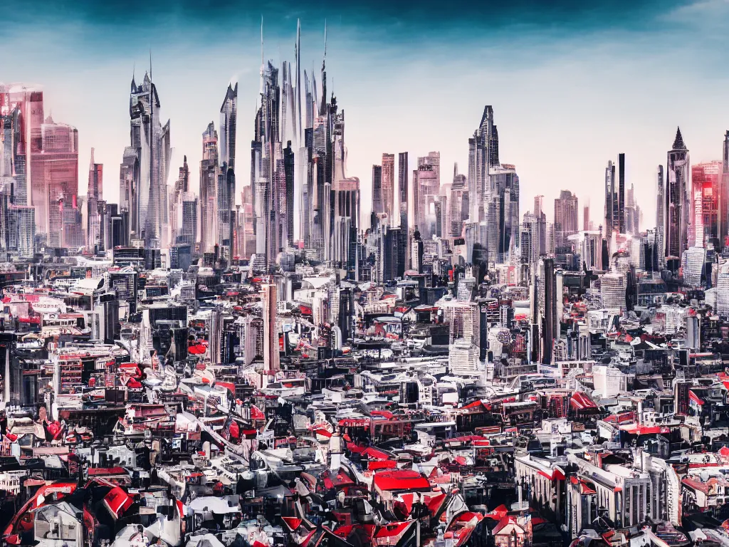 Image similar to the skyline of a futuristic city with victorian architectural influences, white with red accents, 4 k photograph