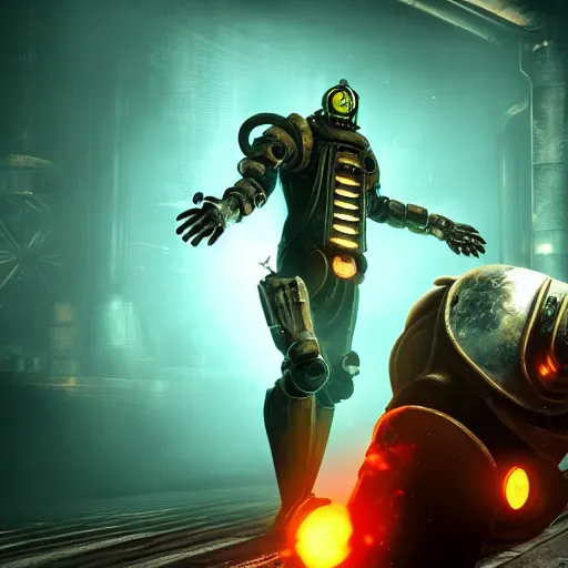 Prompt: isaac clarke in iconic suit in bioshock fighting a big daddy, bioshock 2, unreal engine 5, screenshot, trending on artstation